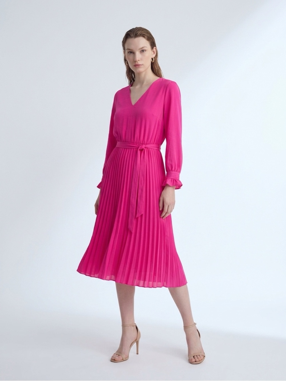 J. Crew Hot Pink Pleated Midi Dress with Tie Waist